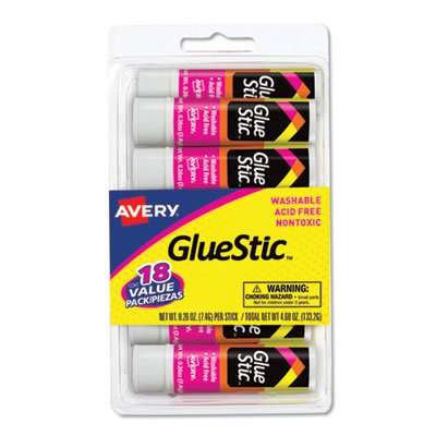 Avery Permanent Glue Stic Value Pack, 0.26 oz, Applies White, Dries Clear, Pack of 18