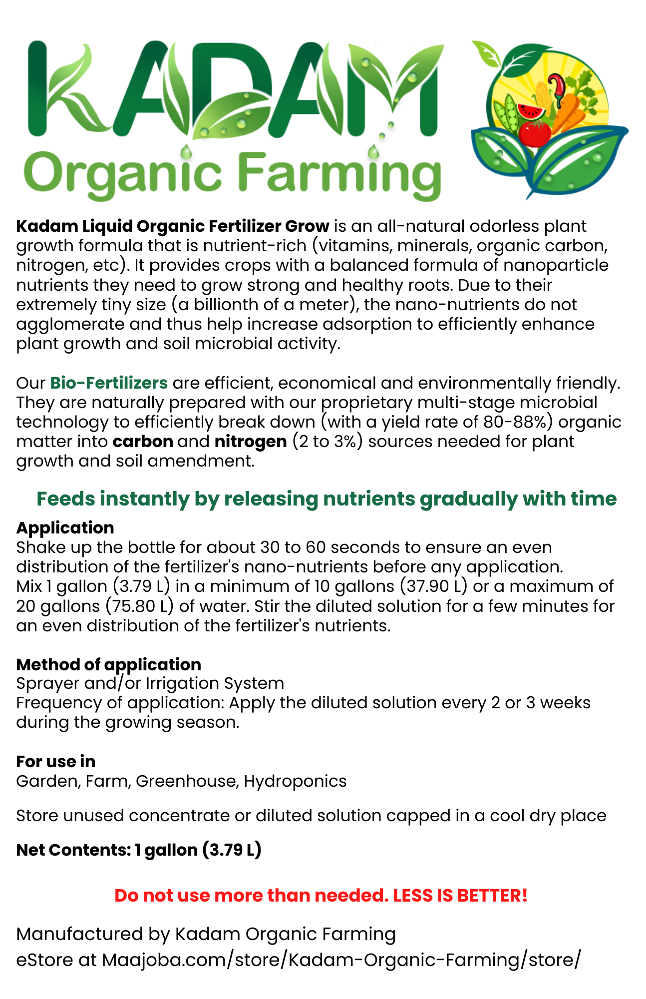 Kadam Liquid Organic Fertilizer Grow (1 gallon)